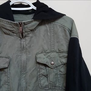 Olive Green Hooded Jacket with Black Sleeves